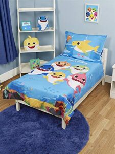 baby shark 4 piece toddler bedding set - includes quilted comforter, fitted sheet, top sheet, and pillow case, blue