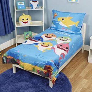 Baby Shark 4 Piece Toddler Bedding Set - Includes Quilted Comforter, Fitted Sheet, Top Sheet, and Pillow Case, Blue