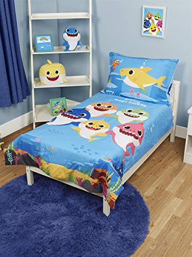 Baby Shark 4 Piece Toddler Bedding Set - Includes Quilted Comforter, Fitted Sheet, Top Sheet, and Pillow Case, Blue