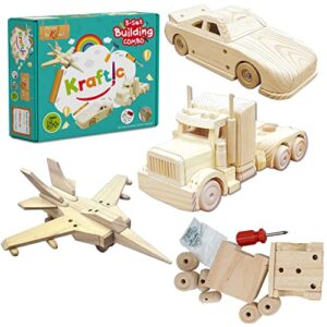kraftic woodworking building kit for kids and adults, 3 educational diy carpentry construction wood model kit toy projects for boys and girls - build a wooden military jet race car and tractor trailer
