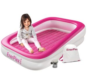 enerplex kids inflatable travel bed with high speed pump, portable air mattress for kids on the go, blow up toddler travel bed with sides – built-in safety bumper - pink