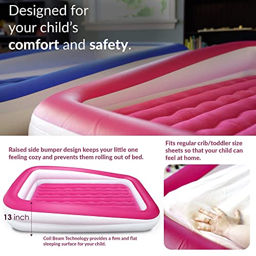 EnerPlex Kids Inflatable Travel Bed with High Speed Pump, Portable Air Mattress for Kids on The Go, Blow up Toddler Travel Bed with Sides – Built-in Safety Bumper - Pink