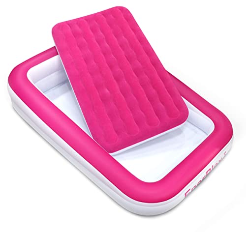 EnerPlex Kids Inflatable Travel Bed with High Speed Pump, Portable Air Mattress for Kids on The Go, Blow up Toddler Travel Bed with Sides – Built-in Safety Bumper - Pink