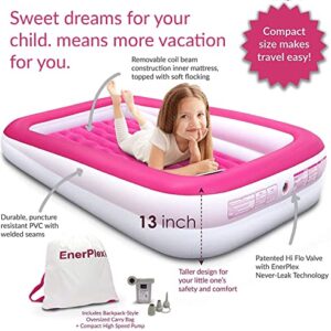 EnerPlex Kids Inflatable Travel Bed with High Speed Pump, Portable Air Mattress for Kids on The Go, Blow up Toddler Travel Bed with Sides – Built-in Safety Bumper - Pink