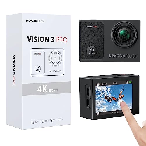 Dragon Touch 4K Underwater HD Action Camera, Vision 3 Pro Touch Screen 20MP 100FT Waterproof Video Camera Adjustable View Angle WiFi Sports Camcorder with Remote Control Helmet Accessories