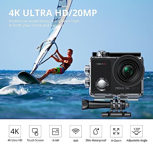 Dragon Touch 4K Underwater HD Action Camera, Vision 3 Pro Touch Screen 20MP 100FT Waterproof Video Camera Adjustable View Angle WiFi Sports Camcorder with Remote Control Helmet Accessories