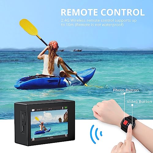 Dragon Touch 4K Underwater HD Action Camera, Vision 3 Pro Touch Screen 20MP 100FT Waterproof Video Camera Adjustable View Angle WiFi Sports Camcorder with Remote Control Helmet Accessories