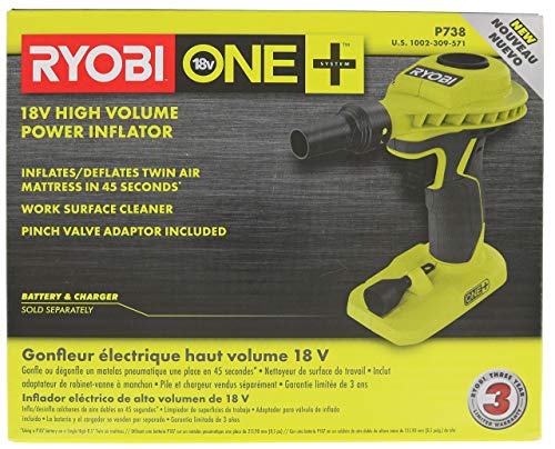 Ryobi P738 18V One+ Lithium Ion 18V One+ High Volume Power Inflator / Battery Powered Deflator for Mattresses and Recreational Inflatables (Renewed)