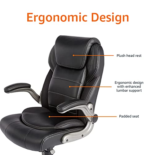 AmazonCommercial Ergonomic High-Back Bonded Leather Executive Chair with Flip-Up Arms and Lumbar Support, Black