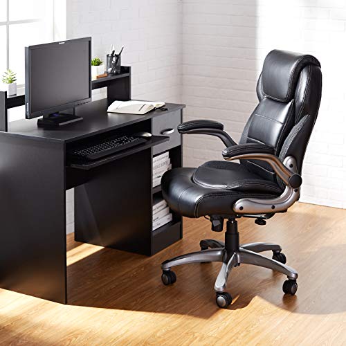 AmazonCommercial Ergonomic High-Back Bonded Leather Executive Chair with Flip-Up Arms and Lumbar Support, Black
