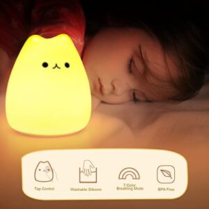 Litake LED Cat Night Light, Battery Powered Silicone Cute Cat Nursery Lights with Warm White and 7-Color Breathing Modes for Kids Baby Children (Mini Celebrity Cat)