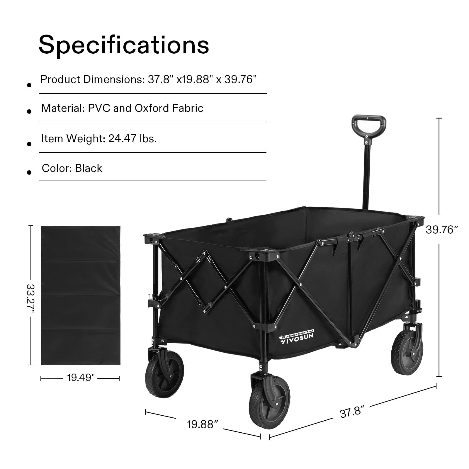 VIVOSUN Heavy Duty Collapsible Folding Wagon Utility Outdoor Camping Garden Cart with Universal Wheels & Adjustable Handle, Black