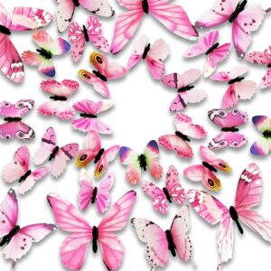 ewong 3d butterfly wall stickers arts decor crafts for kids girls, home decorations for living room baby bedroom bathroom nursery classroom office decals 60pcs (60 pink)