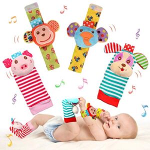 ssk soft baby wrist rattle foot finder socks set,cotton and plush stuffed infant toys,birthday holiday birth present for newborn boy girl 0/3/4/6/7/8/9/12/18 months kids toddler,4 cute animals