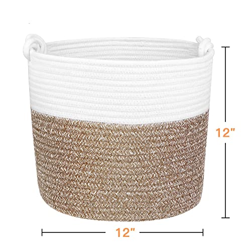 Polarduck Woven Cotton Rope Basket: 12"x 12"x 12" Baby Laundry Basket with Lucky Knots Handle for Blanket, Toy, Nursery Hamper Bin Organizer | Natural White & Jute - Medium