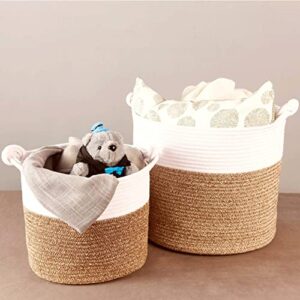 Polarduck Woven Cotton Rope Basket: 12"x 12"x 12" Baby Laundry Basket with Lucky Knots Handle for Blanket, Toy, Nursery Hamper Bin Organizer | Natural White & Jute - Medium