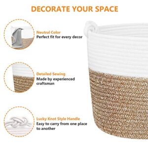 Polarduck Woven Cotton Rope Basket: 12"x 12"x 12" Baby Laundry Basket with Lucky Knots Handle for Blanket, Toy, Nursery Hamper Bin Organizer | Natural White & Jute - Medium