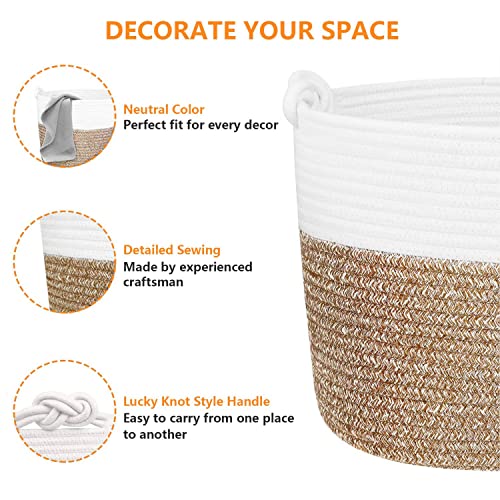 Polarduck Woven Cotton Rope Basket: 12"x 12"x 12" Baby Laundry Basket with Lucky Knots Handle for Blanket, Toy, Nursery Hamper Bin Organizer | Natural White & Jute - Medium