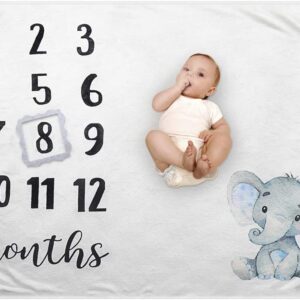 Baby Monthly Milestone Blanket - Organic Plush Fleece Photography Background Prop for Boy Girl Newborn Soft Elephant Blanket with Frame Large 47''x40''