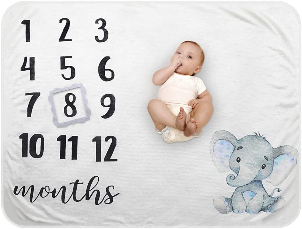 Baby Monthly Milestone Blanket - Organic Plush Fleece Photography Background Prop for Boy Girl Newborn Soft Elephant Blanket with Frame Large 47''x40''