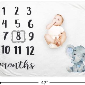 Baby Monthly Milestone Blanket - Organic Plush Fleece Photography Background Prop for Boy Girl Newborn Soft Elephant Blanket with Frame Large 47''x40''