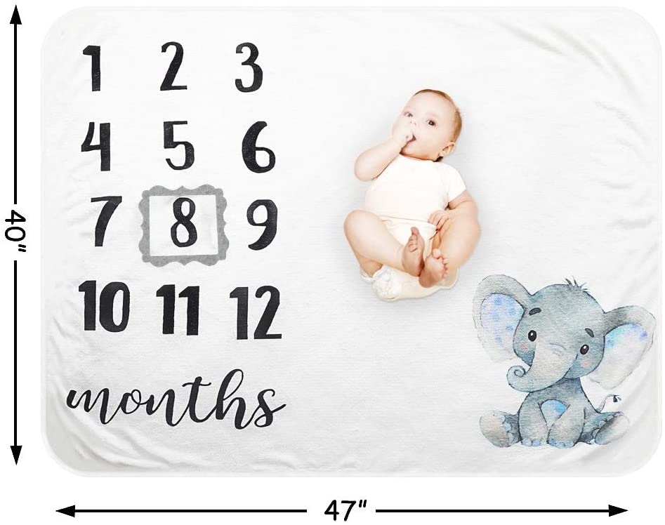 Baby Monthly Milestone Blanket - Organic Plush Fleece Photography Background Prop for Boy Girl Newborn Soft Elephant Blanket with Frame Large 47''x40''