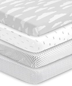 baebae goods premium crib sheets for baby boys and girls, 4 pack, soft and breathable jersey knit fitted sheet set, grey and white, cute gender neutral nursery mattress bedding, universal fit