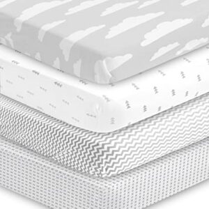 BaeBae Goods Premium Crib Sheets for Baby Boys and Girls, 4 Pack, Soft and Breathable Jersey Knit Fitted Sheet Set, Grey and White, Cute Gender Neutral Nursery Mattress Bedding, Universal Fit