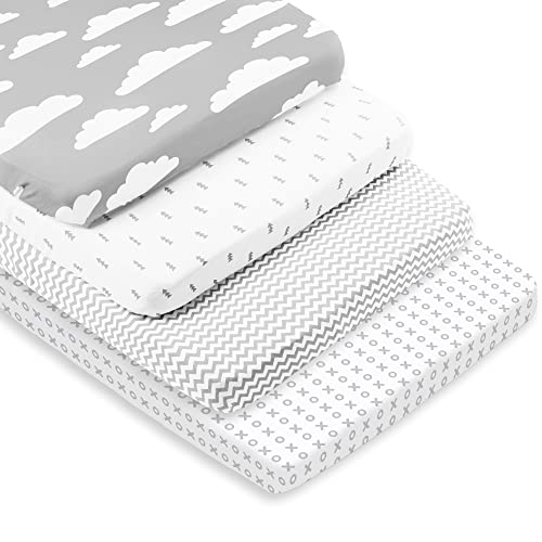 BaeBae Goods Premium Crib Sheets for Baby Boys and Girls, 4 Pack, Soft and Breathable Jersey Knit Fitted Sheet Set, Grey and White, Cute Gender Neutral Nursery Mattress Bedding, Universal Fit