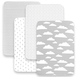 BaeBae Goods Premium Crib Sheets for Baby Boys and Girls, 4 Pack, Soft and Breathable Jersey Knit Fitted Sheet Set, Grey and White, Cute Gender Neutral Nursery Mattress Bedding, Universal Fit