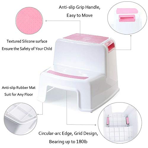 2 Step Stool for Kids(2 Pack,Pink) - Toddler Step Stools for Toilet Potty Training, Bathroom and Kitchen - Slip Resistant Soft Grip for Safety, Stackable