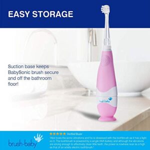 brush-baby BabySonic Infant and Toddler Electric Toothbrush for Ages 0-3 Years - Smart LED Timer and Gentle Vibration Provide a Fun Brushing Experience - Includes 2 Sensitive Brush Heads (Pink)