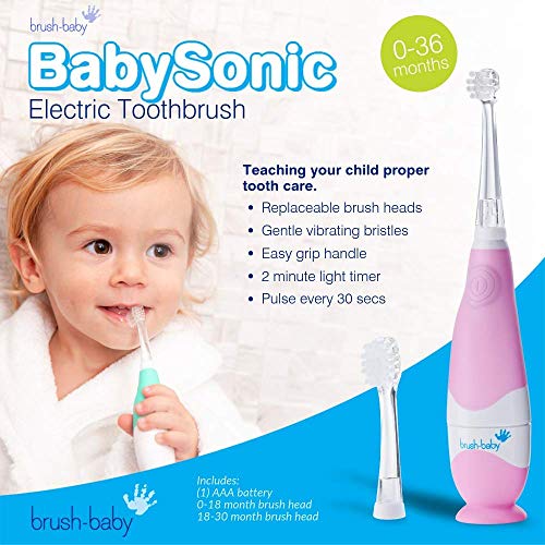 brush-baby BabySonic Infant and Toddler Electric Toothbrush for Ages 0-3 Years - Smart LED Timer and Gentle Vibration Provide a Fun Brushing Experience - Includes 2 Sensitive Brush Heads (Pink)