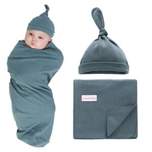 100% cotton knitted baby swaddle blanket with hat set, 35"x35", newborn swaddle wrap, receiving blankets, burping cloth & stroller cover, perfect for boys girls (dark green)