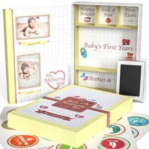 little growers baby memory book with keepsake box, baby milestone stickers and baby footprint kit - first 5 years new baby scrapbook and photo album, 5 baby shower gifts in 1, for newborn boy or girl