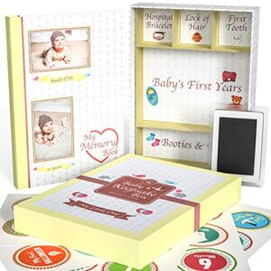 Little Growers Baby Memory Book WITH Keepsake Box, Baby Milestone Stickers AND Baby Footprint Kit - First 5 Years New Baby Scrapbook AND Photo Album, 5 Baby Shower Gifts in 1, for Newborn Boy or Girl