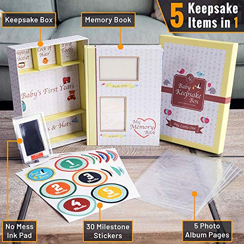 Little Growers Baby Memory Book WITH Keepsake Box, Baby Milestone Stickers AND Baby Footprint Kit - First 5 Years New Baby Scrapbook AND Photo Album, 5 Baby Shower Gifts in 1, for Newborn Boy or Girl