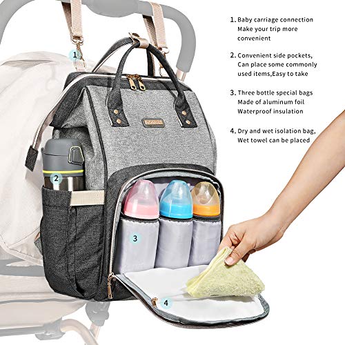 Diaper Bag Backpack, Diaper Bags for Women, Baby Bags for Girls, Diaper Bag with Changing Pad, and Insulated Pockets (Dark Grey +Light Grey)