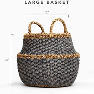 Fab Habitat Large Storage Basket with Handles - Handmade, Natural, Seagrass - Wicker Organizer for Blankets, Towels, Pillows, Toys, Laundry, Baby, Kids, Plants, Home Décor - Fez - Dark L