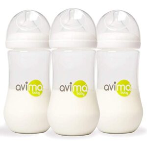 avima 12 oz anti colic infant bottles, bpa free, wide neck with fast flow nipples (set of 3)