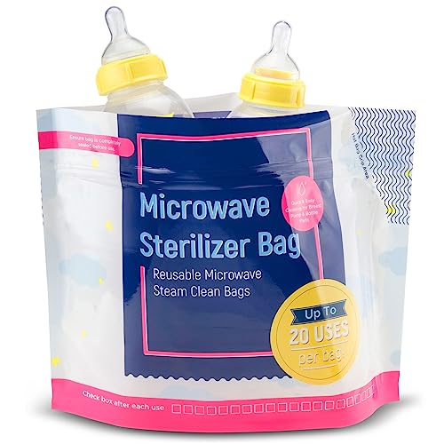 15 Pack Microwave Baby Bottle Sterilizer Bags - 300 Uses Per Pack - Travel Baby Bottle Cleaner Microwave Sterilizer Bag - Breast Feeding Baby Travel Accessories - Use with Soothers & Teethers