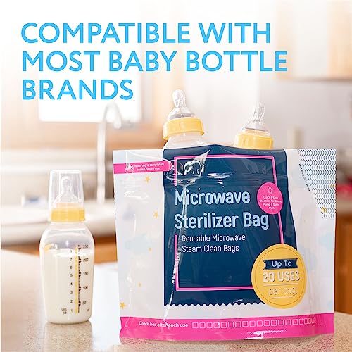 15 Pack Microwave Baby Bottle Sterilizer Bags - 300 Uses Per Pack - Travel Baby Bottle Cleaner Microwave Sterilizer Bag - Breast Feeding Baby Travel Accessories - Use with Soothers & Teethers