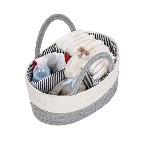 3 LITTLE GIGGLES Baby Diapers Organizer with Removable Storage Divider - Rope Cotton Design, Grey, 15 x 10” - Toy Caddy for Babies