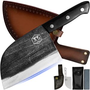 xyj authentic since 1986,outstanding ancient forging,6.7 inch full tang,serbian chefs knife,chef meat cleaver,kitchen knives,set with leather sheath,take carrying,butcher,for camping or outdoor