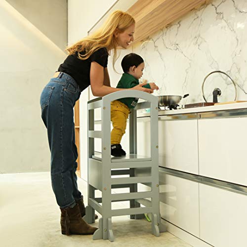 SDADI Height Adjustable Kids Learning Stool, Kids Kitchen Step Stool with Safety Rail-Solid Hardwood Construction | Soft Blue/Blue-Grey LT02G