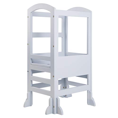 SDADI Height Adjustable Kids Learning Stool, Kids Kitchen Step Stool with Safety Rail-Solid Hardwood Construction | Soft Blue/Blue-Grey LT02G