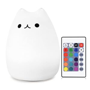 wonenice night light for kids, timer silicone cat night lamp with 7 colors, cute kawaii room decor for children, nursery rechargeable toddler baby night light with remote control - great kawaii gift