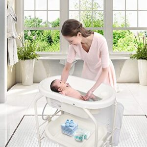 kinbor baby bathinette folding changing table baby diaper station with bath tub unit, portable children baby dresser unit infant nursery trays storage