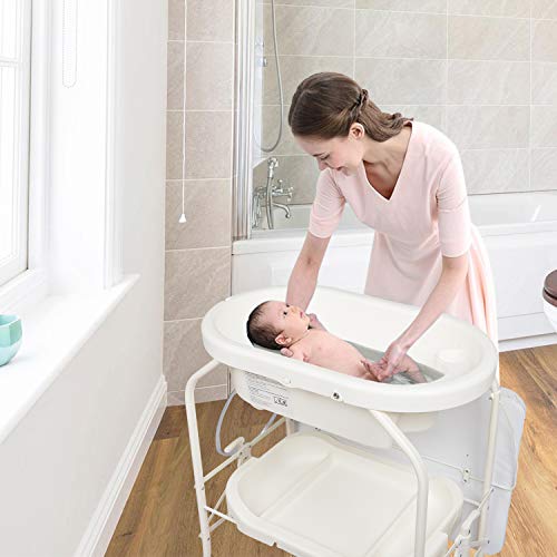 Kinbor Baby Bathinette Folding Changing Table Baby Diaper Station with Bath Tub Unit, Portable Children Baby Dresser Unit Infant Nursery Trays Storage