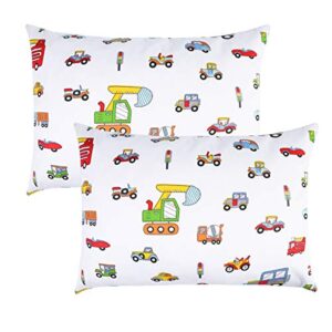 Kids Toddler Pillowcases 100% Cotton 14x19 2 Packs Fits Kid Toddler Bedding Pillow 14x19, 13x18 Small Pillow (Construction Vehicle Cars)